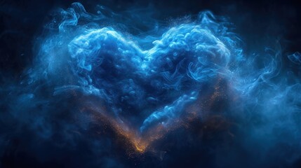 a heart shaped cloud in the middle of a dark blue background with a yellow light at the end of the cloud and a yellow light at the end of the cloud. - obrazy, fototapety, plakaty