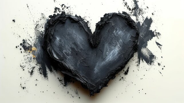  a heart shaped piece of black paint on a white surface with black paint splattered all over the top of the heart and bottom half of the piece of the heart.