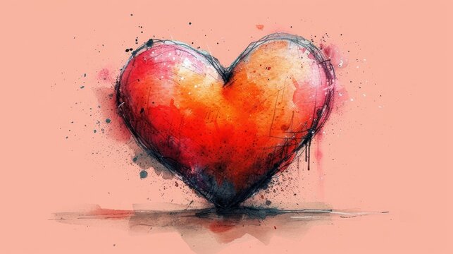  a watercolor painting of a red and yellow heart on a pink background with a reflection of the inside of the heart on the bottom of the image and bottom half of the heart.