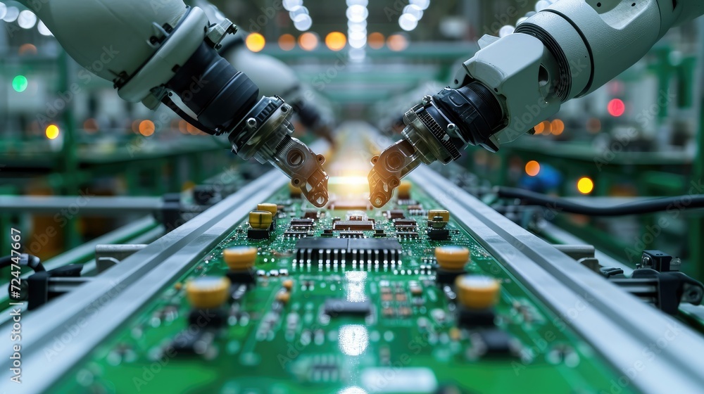Aufkleber Advanced High Precision Robot Arms on Fully Automated Assembly Line Inside Modern Electronics Factory, Electronic Devices Production Industry, Component Installation on Circuit Board. Generative AI.