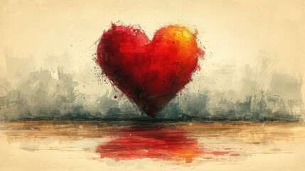  a painting of a red heart sitting on top of a body of water in front of a cityscape with a reflection of the heart on the water surface.