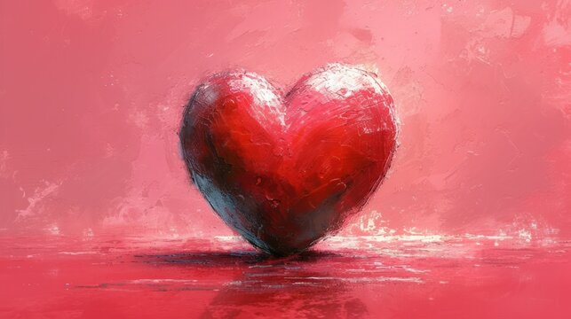  a painting of a red heart on a pink background with a reflection of the heart in the middle of the image and a reflection of the heart in the middle of the image.