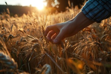 Close up of farmer's hand touching checking wheat, agricultural business
