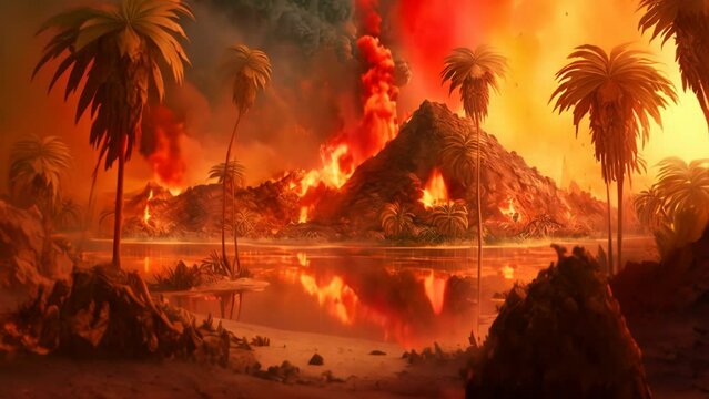 Prehistoric landscape from 10,000 BC, features active or inactive volcanoes and lava flows that can be both dramatic and dangerous. Spewing of molten lava and ash resulting in formation of lavic stone