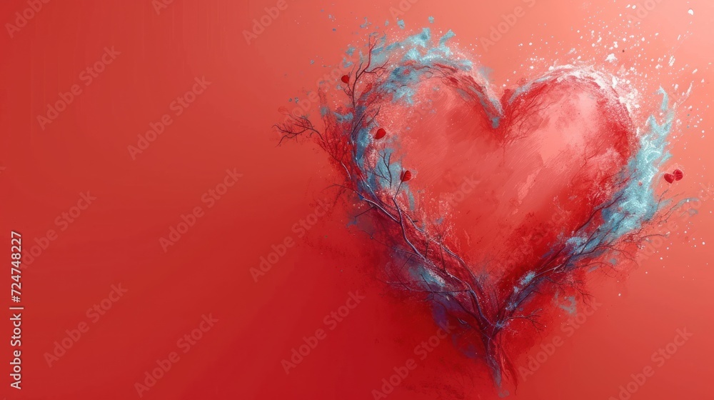 Wall mural  a red heart on a red background with a splash of water on the side of the heart and a sprig of leaves in the middle of the heart.