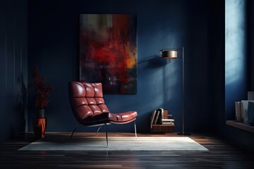 lounge area with a chair. Dark room with blue and navy vacant walls in the backdrop. Artwork mockup. Maroon and burgundy chair - obrazy, fototapety, plakaty