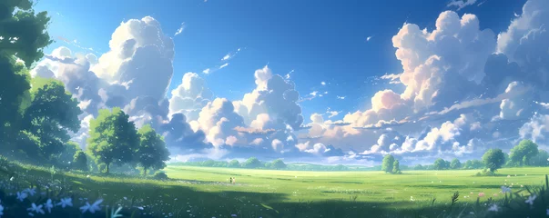 Foto op Plexiglas Beautiful grassy fields under a summer blue sky with fluffy white clouds blowing in the wind. Wide format image captures the sky behind a green field, creating a serene landscape of anime backgrounds. © jex