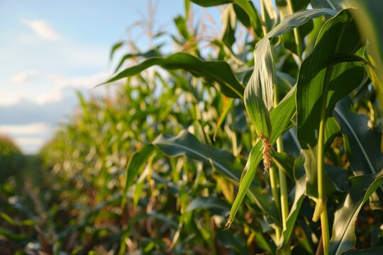 Green corn field and sky. Agricultural business concept.
