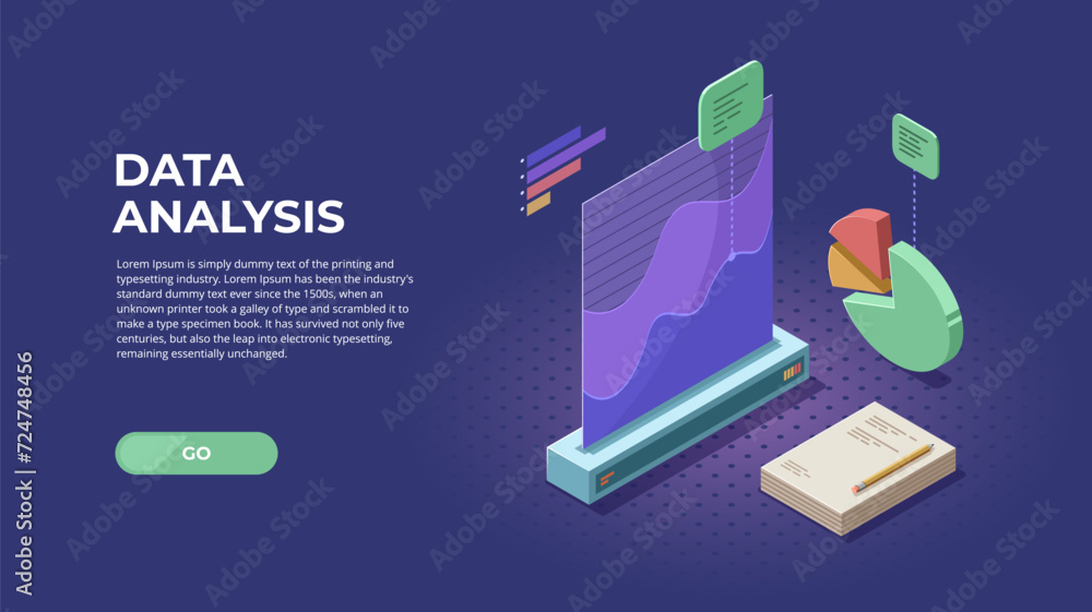 Poster modern flat design isometric concept of data analysis for website and mobile website. vector illustr