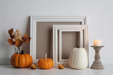 White interior of an empty picture frame decorated with pumpkins for the fall. a minimalist flat lay composition for Thanksgiving. Background with a holiday themed, cozy, clean home