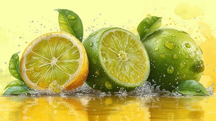  a painting of limes with leaves and water splashing around them on a yellow background with a splash of water on the bottom of the image and on the bottom of the image.