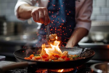 A skilled chef expertly controls the fiery heat of their wok, creating a mouth-watering dish in the cozy confines of their indoor kitchen