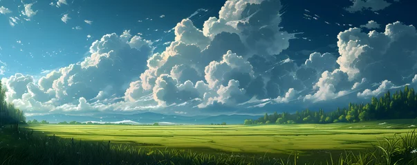 Wandcirkels aluminium Beautiful grassy fields under a summer blue sky with fluffy white clouds blowing in the wind. Wide format image captures the sky behind a green field, creating a serene landscape of anime backgrounds. © jex