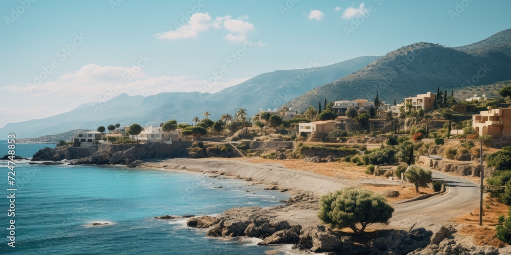 Poster a scenic view of a beach and mountains from a hill. this image captures the beauty of nature and the