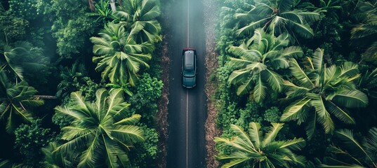 Aerial view of car driving on asphalt road in lush green rainforest with dense tree canopy