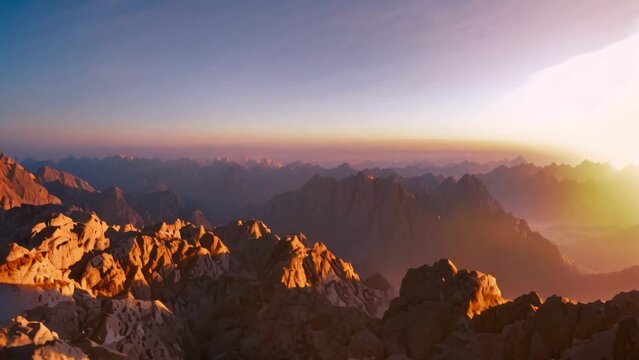 Cinemagraph timelapse and panorama background of Mount Sinai in Sinai Peninsula, Egypt. Dawn of the holy summit of Mount Sinai, Aka Jebel Musa, know also as Mount of Ten Commandments or Mount of Moses