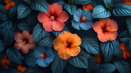  a group of orange and blue flowers surrounded by green and blue leaves on a dark background with red and blue flowers in the center of the petals and blue leaves.