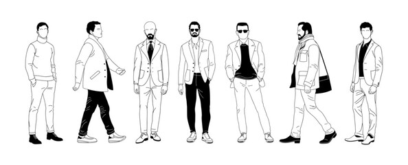 Black and white set of elegant businessmen wearing smart casual outfit. Collection of handsome male characters different races, body types. Vector flat illustration isolated on white background.