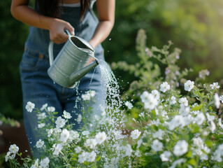 Woman Holding Watering Can and Watering White Flowers in the Graden. Gardening and Plant Care Idea. Nurturing Plants.