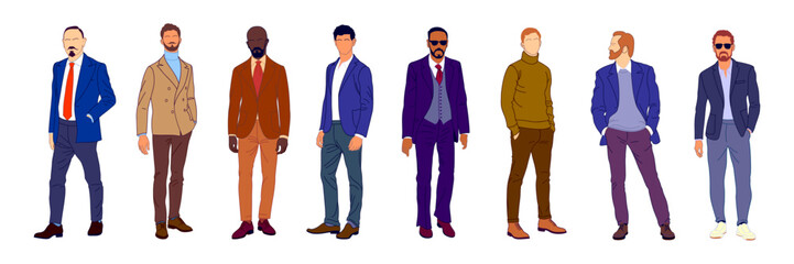 Set of elegant businessmen wearing smart casual outfit. Collection of handsome male characters different races, body types. Vector flat realistic illustration isolated on white background.
