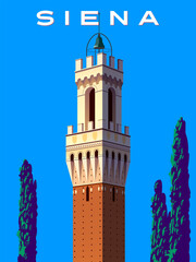 Fototapeta premium Cathedral Bell Tower Siena handmade drawing vector illustration. Siena Tuscany Italy Poster.