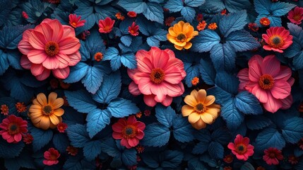  a bunch of flowers that are sitting in the middle of a bed of blue and pink leaves and flowers are in the middle of the picture, and the top of the picture.