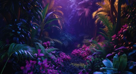 Obraz premium Neon light casting an enchanting glow on tropical foliage and monstera leaves.