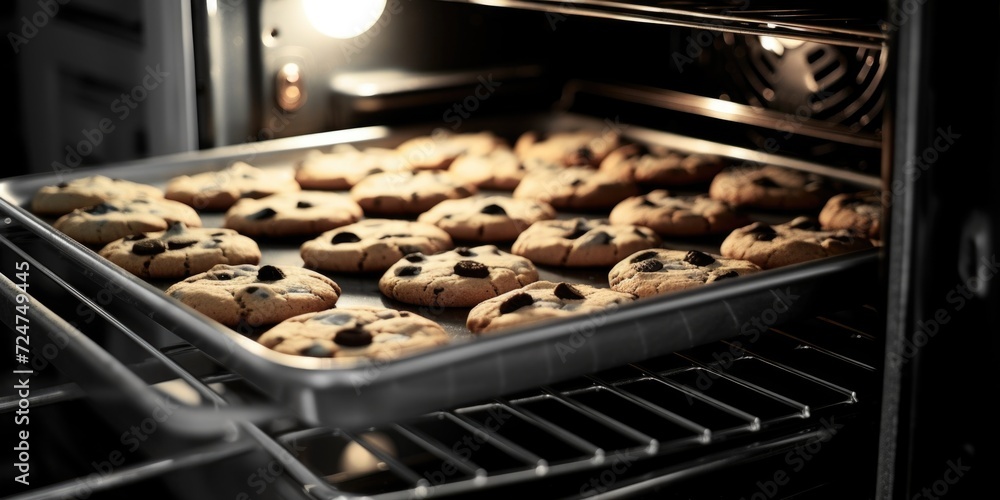 Poster a tray of cookies baking in the oven. perfect for baking enthusiasts and food-related projects