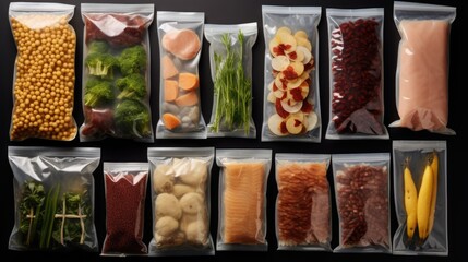 A collection of bags of food neatly arranged on a table. Perfect for illustrating grocery shopping, food storage, and meal preparation.