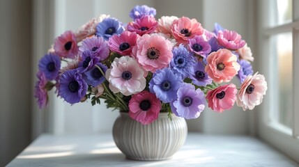  a white vase filled with pink, purple, and blue flowers sitting on top of a window sill next to a white window sill on a sunny day.