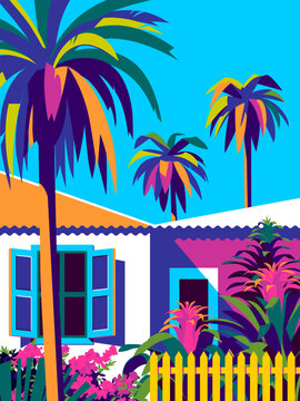 Beautiful caribbean landscape with bungalows, palms, and flower garden in the background. Handmade drawing vector illustration. Caribbean style poster.