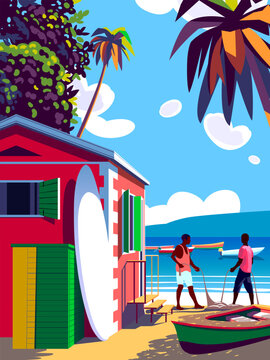 Beautiful caribbean landscape with bungalow, beach, fishermen, fishing boats, island and the sea in the background. Handmade drawing vector illustration. Retro style poster.