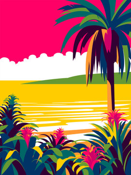 Tropical Island landscape with beach, tropical plants, palms, sea and island in the background. Handmade drawing vector illustration. Minimalist pop art style.