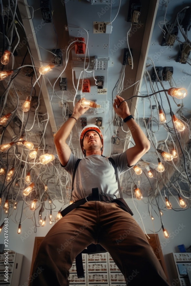 Poster a man wearing a hard hat stands in front of a bunch of wires. this image can be used to represent co