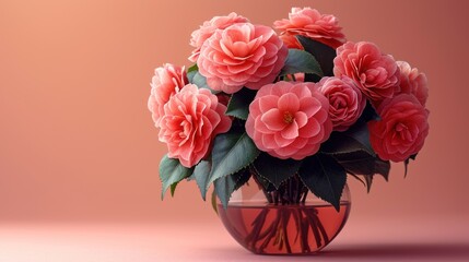  a vase filled with pink flowers sitting on top of a pink table next to a pink wall and a pink wall behind the vase is a bouquet of pink flowers.