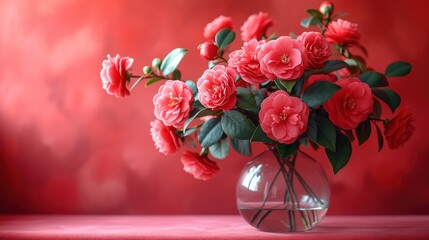  a vase filled with pink flowers on top of a red tableclothed tablecloth and a red wall behind the vase is a vase with pink flowers in it.