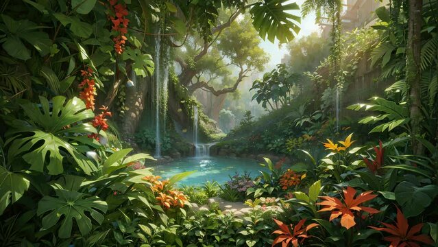 A serene pool graces the heart of the tropical forest, formed by the river and adorned with leaves, flowers, and the captivating presence of beautiful butterflies.