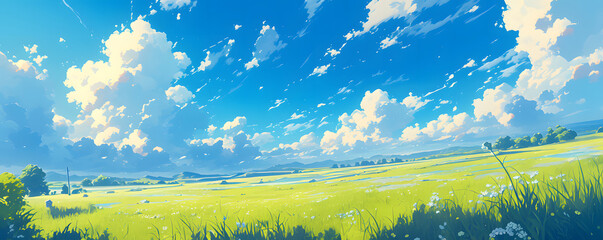 Beautiful grassy fields under a summer blue sky with fluffy white clouds blowing in the wind. Wide format image captures the sky behind a green field, creating a serene landscape of anime backgrounds.
