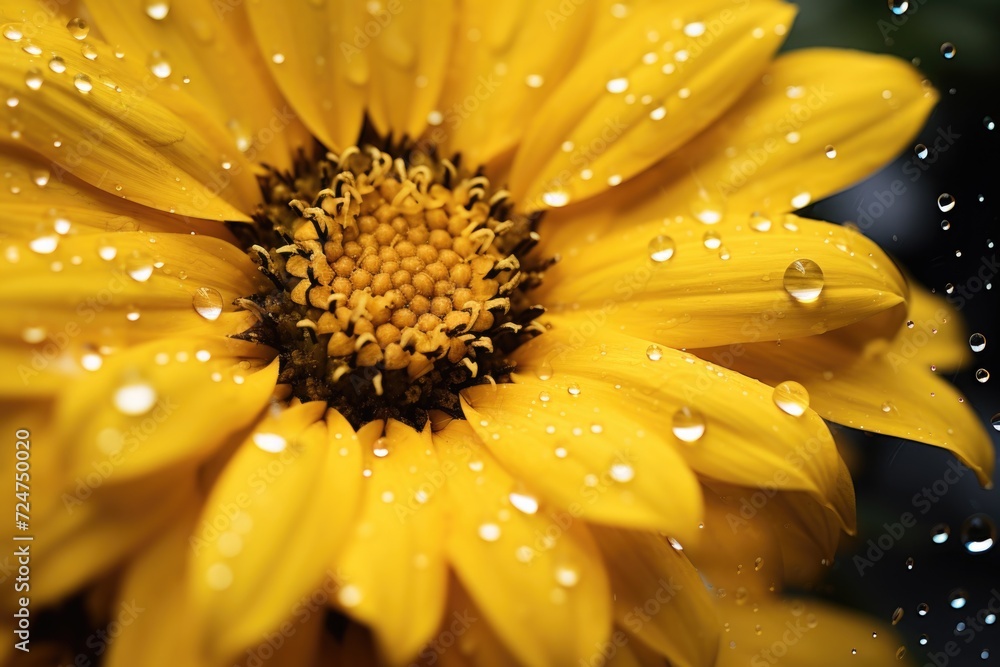 Poster A close-up view of a yellow flower with water droplets. This vibrant image can be used to add a touch of nature and freshness to various projects