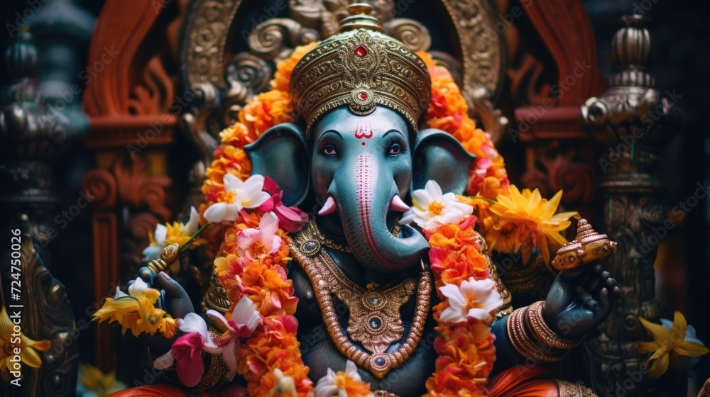 Poster A statue of an elephant adorned with beautiful flowers. Perfect for adding a touch of elegance to any setting