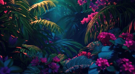 Fototapeta premium Neon light casting an enchanting glow on tropical foliage and monstera leaves.