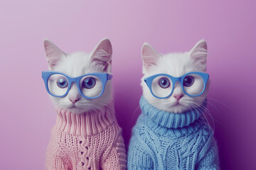 Fashion portrait of two white cats in pink and blue an glasses and a sweater on isolated pastel blue background. Domestic animals. Love concept. Funny pets idea. Valentines greeting card.