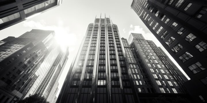Fototapeta A black and white photo showcasing tall buildings. Can be used for architectural projects or cityscape illustrations