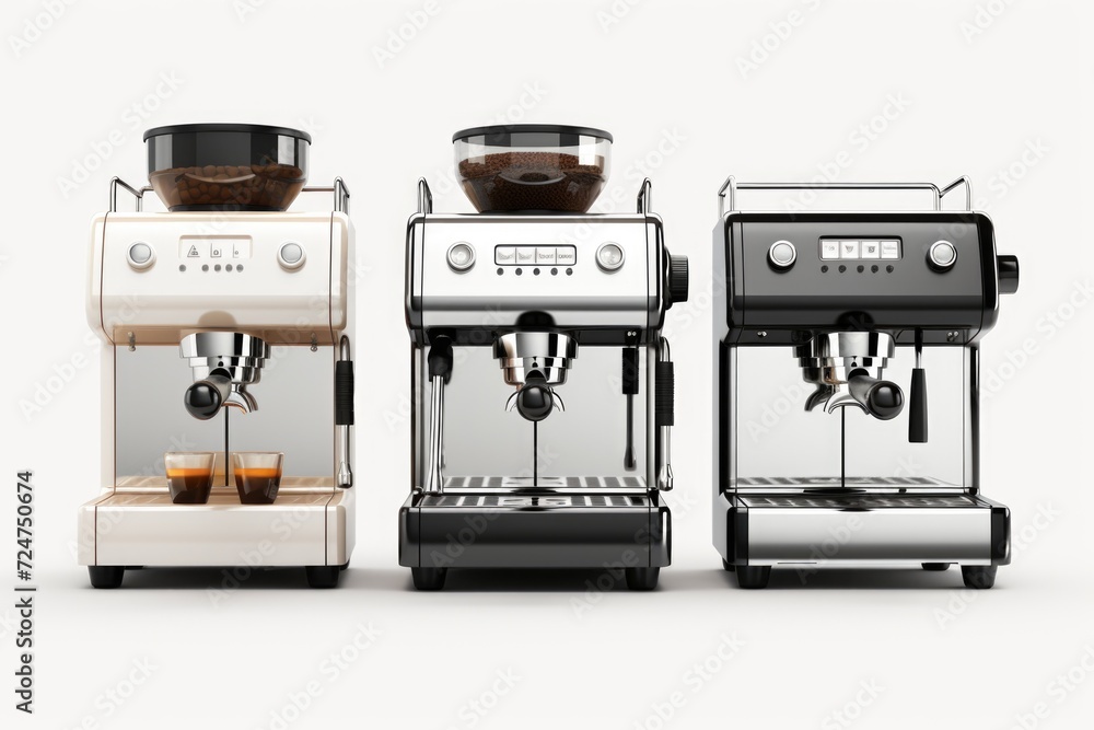 Poster A picture showing three different types of coffee machines on a clean white surface.