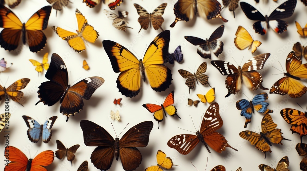 Poster a collection of colorful butterflies arranged on a white surface. perfect for nature and wildlife-th