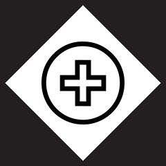 Add icon vector. Plus logo design. Medical cross vector icon illustration in rhombus isolated on black background