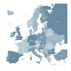 Political map of Europe. Blue colored vector map with capital cities of european countries and bodies of water around continent. - obrazy, fototapety, plakaty