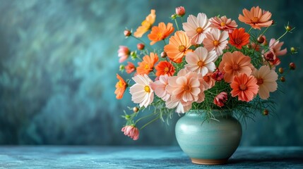  a vase filled with orange and pink flowers on top of a blue table next to a blue and green wall and a blue wall behind the vase is filled with orange and pink flowers.