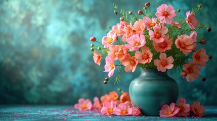  a vase filled with pink flowers sitting on top of a blue table next to a pile of pink and orange flowers on top of a blue table with pink petals. - Powered by Adobe