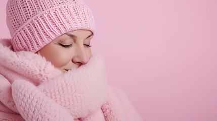 Cheerful senior woman in scarf and knitted hat, isolated on pastel background with copy space